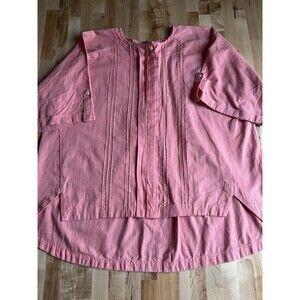 Women's Short Sleeve Henley Top Blouse High Low Pleated Pintuck Pink Coral M